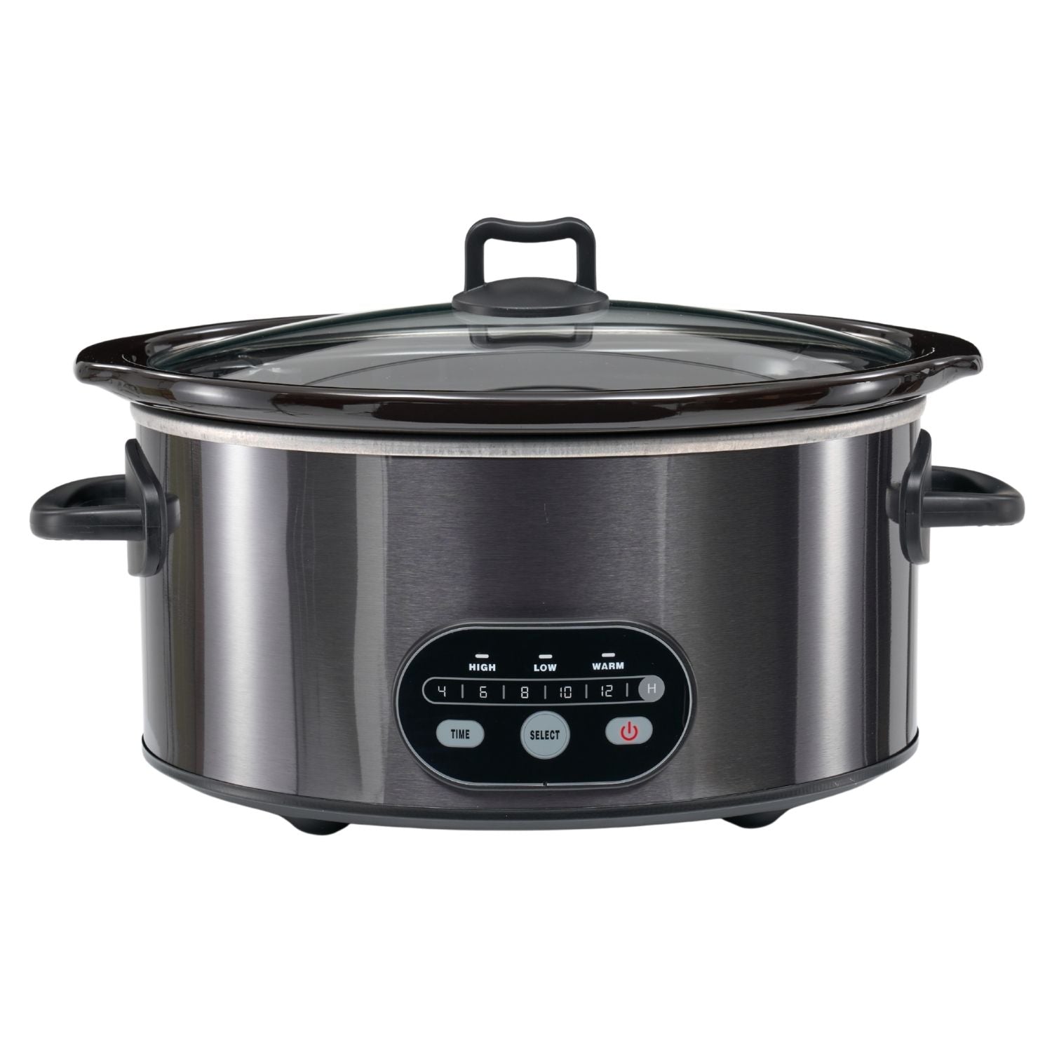 A stainless steel slow cooker with a black control panel, black handles, and a clear glass lid, shown against a plain white background.
