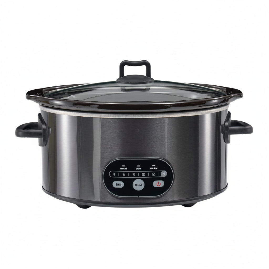 A stainless steel slow cooker with a black control panel, black handles, and a clear glass lid, shown against a plain white background.