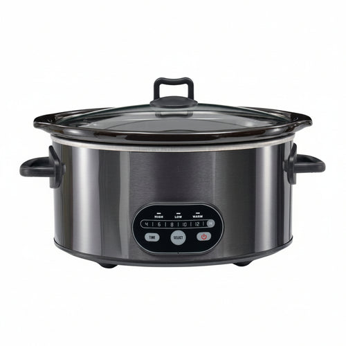 A stainless steel slow cooker with a black control panel, black handles, and a clear glass lid, shown against a plain white background.