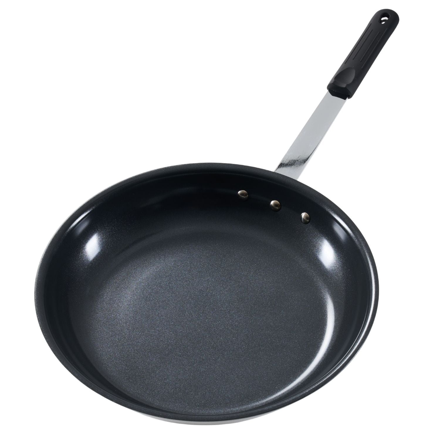Black frying pan with a black handle on a white background