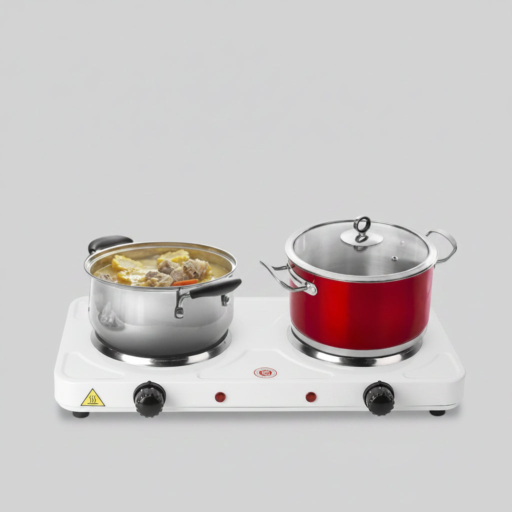 Versatile hot plate with two pots on a countertop, featuring 1000W labels.