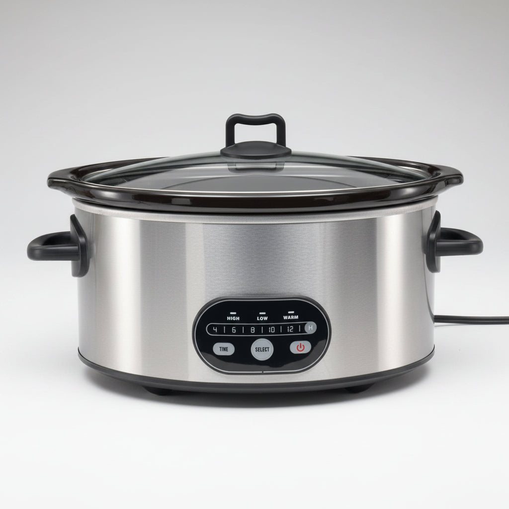 A stainless steel slow cooker with a black lid, side handles, and a front control panel on a white background.