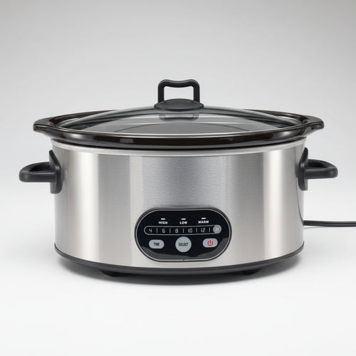 A stainless steel slow cooker with a black lid, side handles, and a front control panel on a white background.