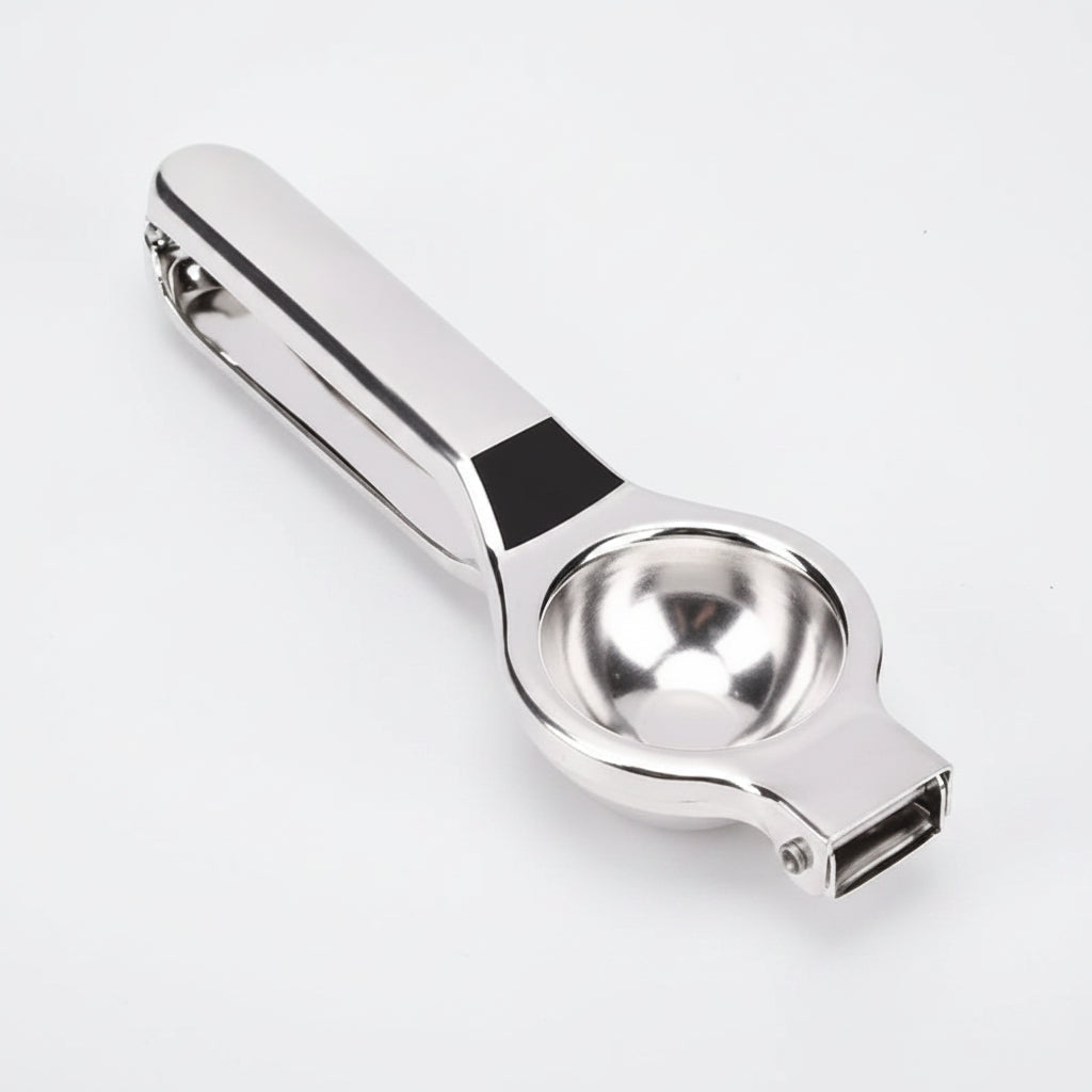 A stainless steel manual citrus juicer with dimension annotations showing an 8-inch handle and 2.55-inch squeezing bowl, on a white background with descriptive text.