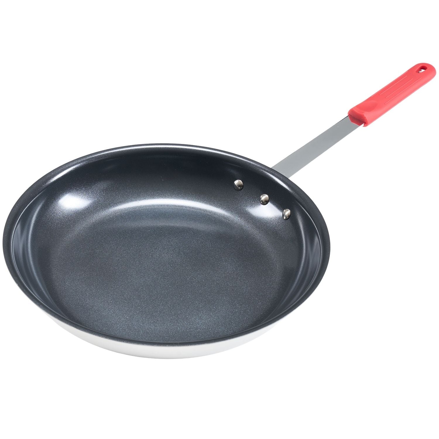 Black frying pan with a red handle on a white background