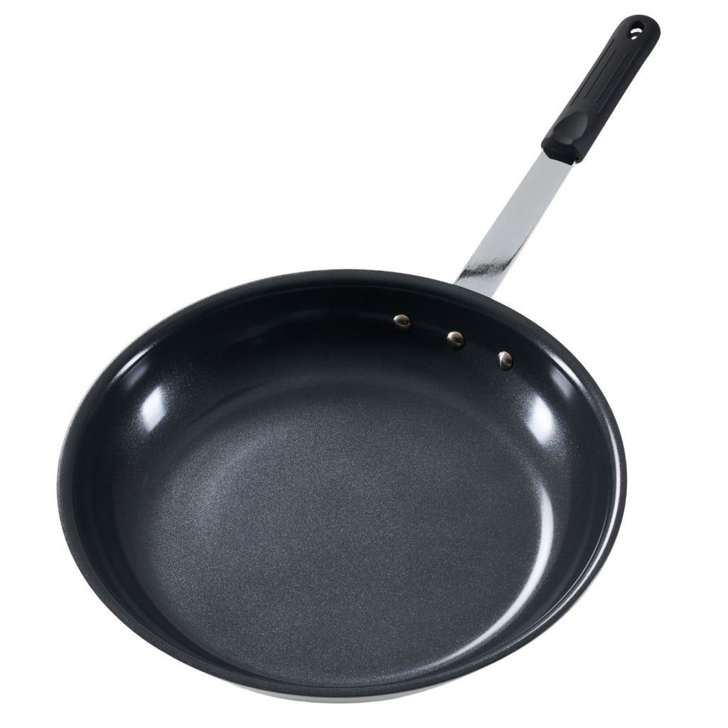 Black frying pan with a black handle on a white background