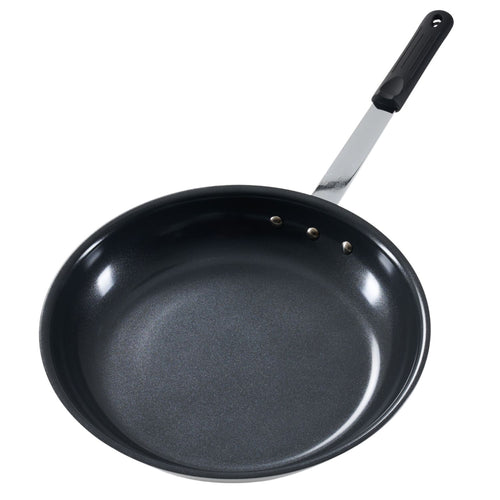 Black frying pan with a black handle on a white background