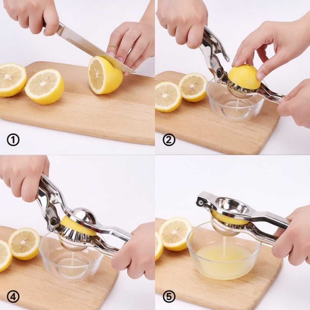 Step-by-step process of cutting and juicing lemons using a manual press.