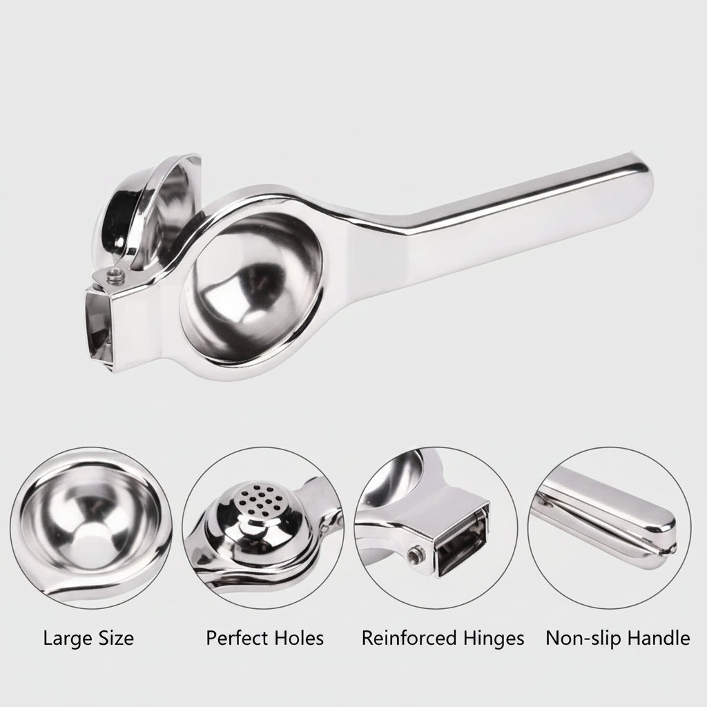 Stainless steel manual juicer with features highlighted on a white background