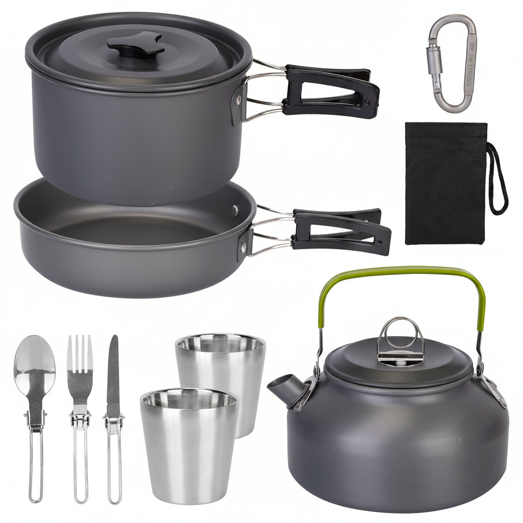 Camping cookware set with pots, pans, kettle, and utensils on a white background