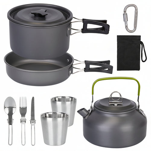 Camping cookware set with pots, pans, kettle, and utensils on a white background