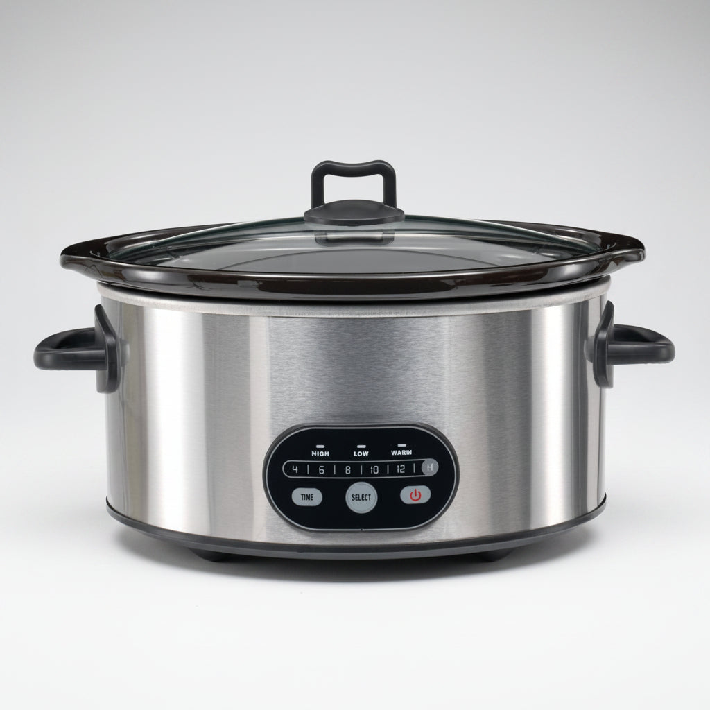 A stainless steel slow cooker with a black lid, side handles, and a front control panel on a white background.