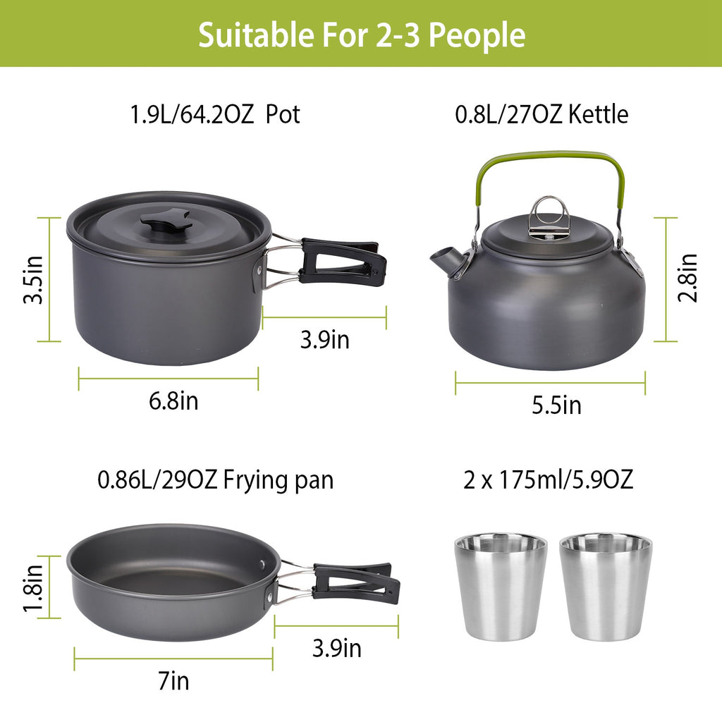 Camping cookware set with pot, kettle, frying pan, and cups with dimensions on a white background.