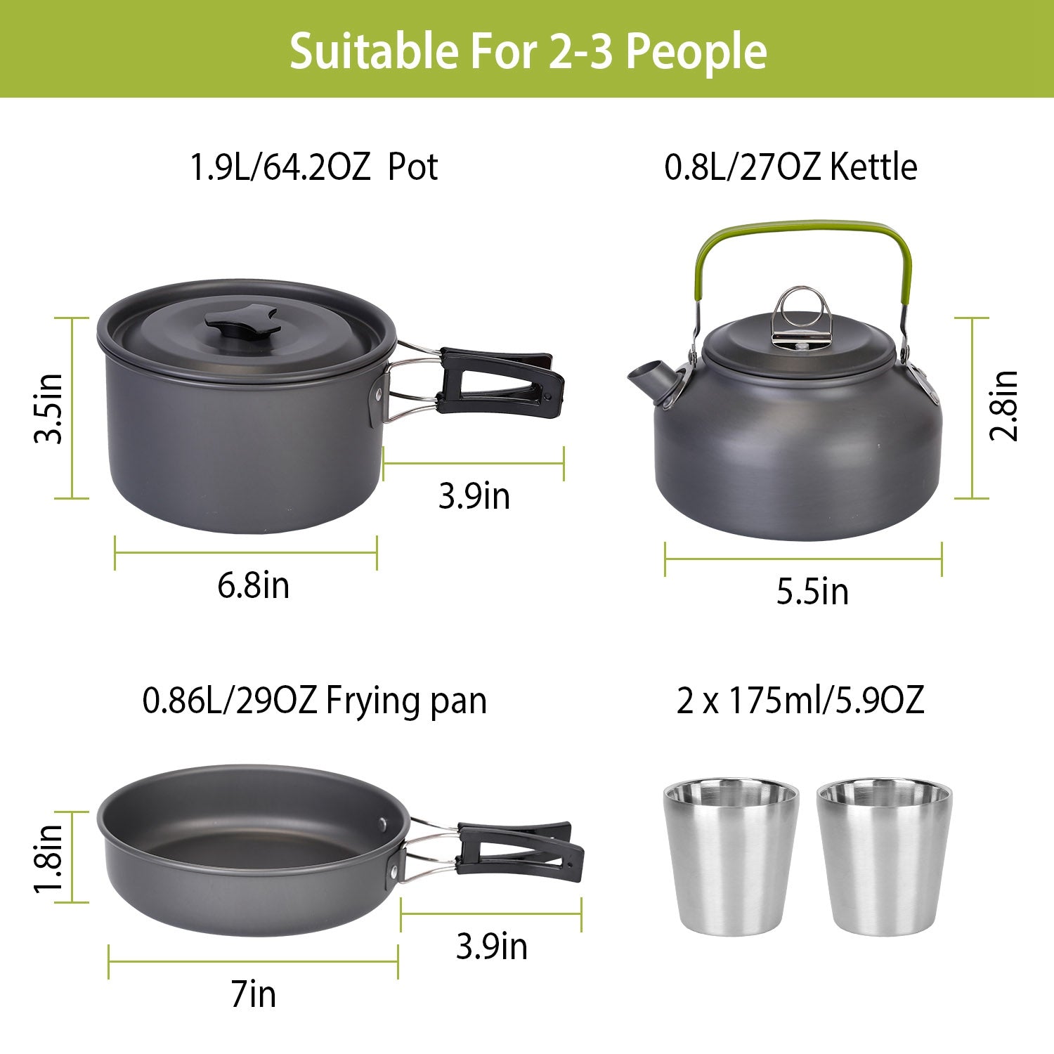 Camping cookware set with pot, kettle, frying pan, and cups with dimensions on a white background.