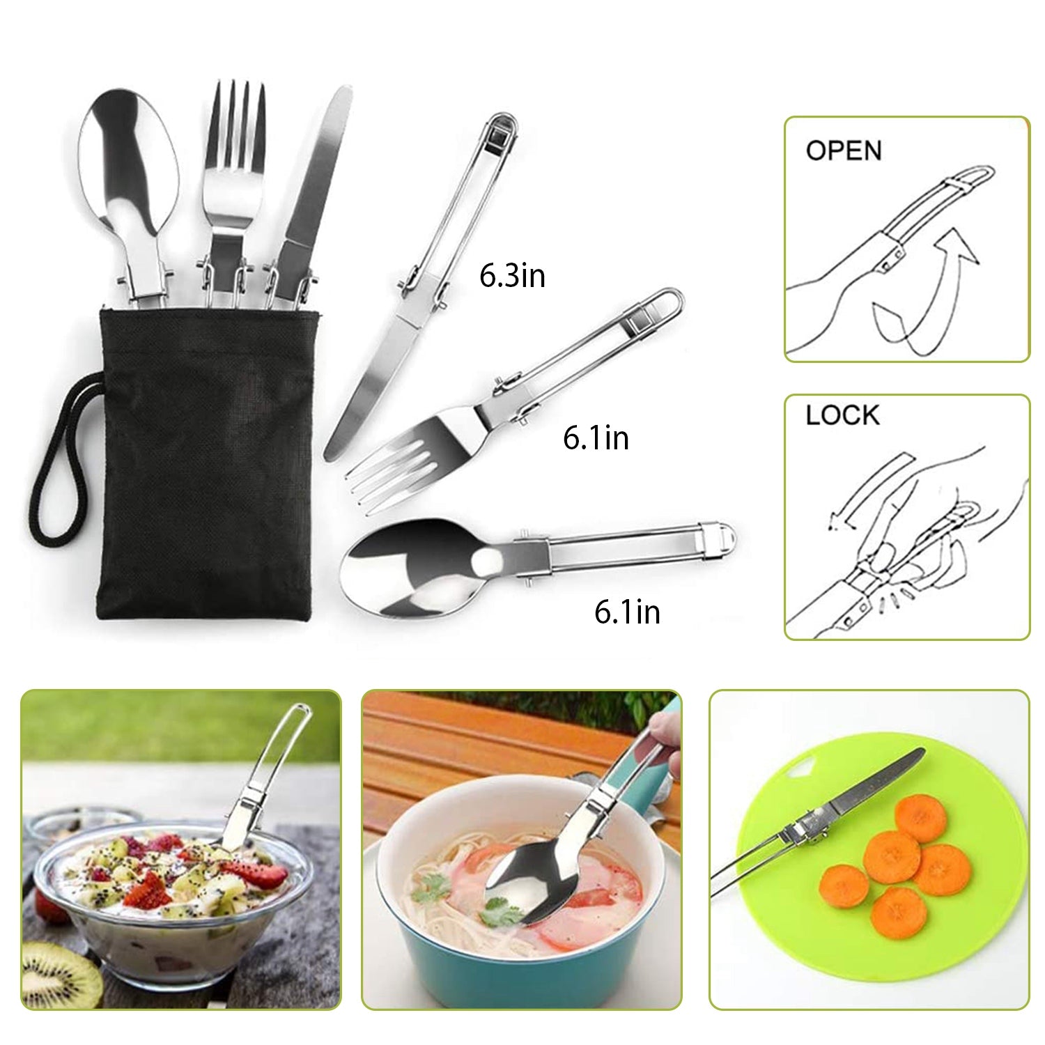 Set of stainless steel cutlery with measuring details and usage scenarios.