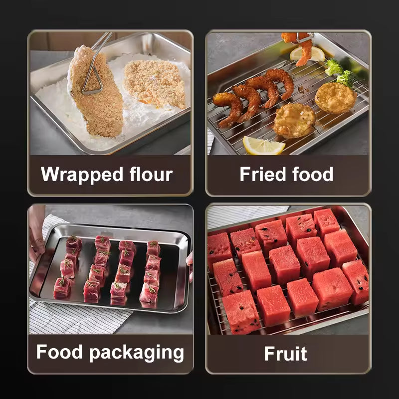 Stages of food preparation including wrapped flour, fried food, food packaging, and fruit.