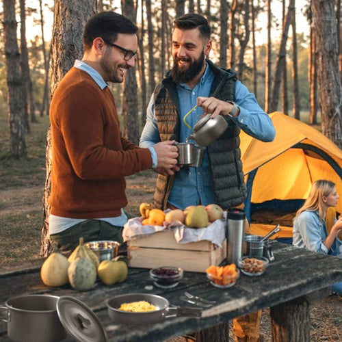 Two men preparing food outdoors with a tent in the background
