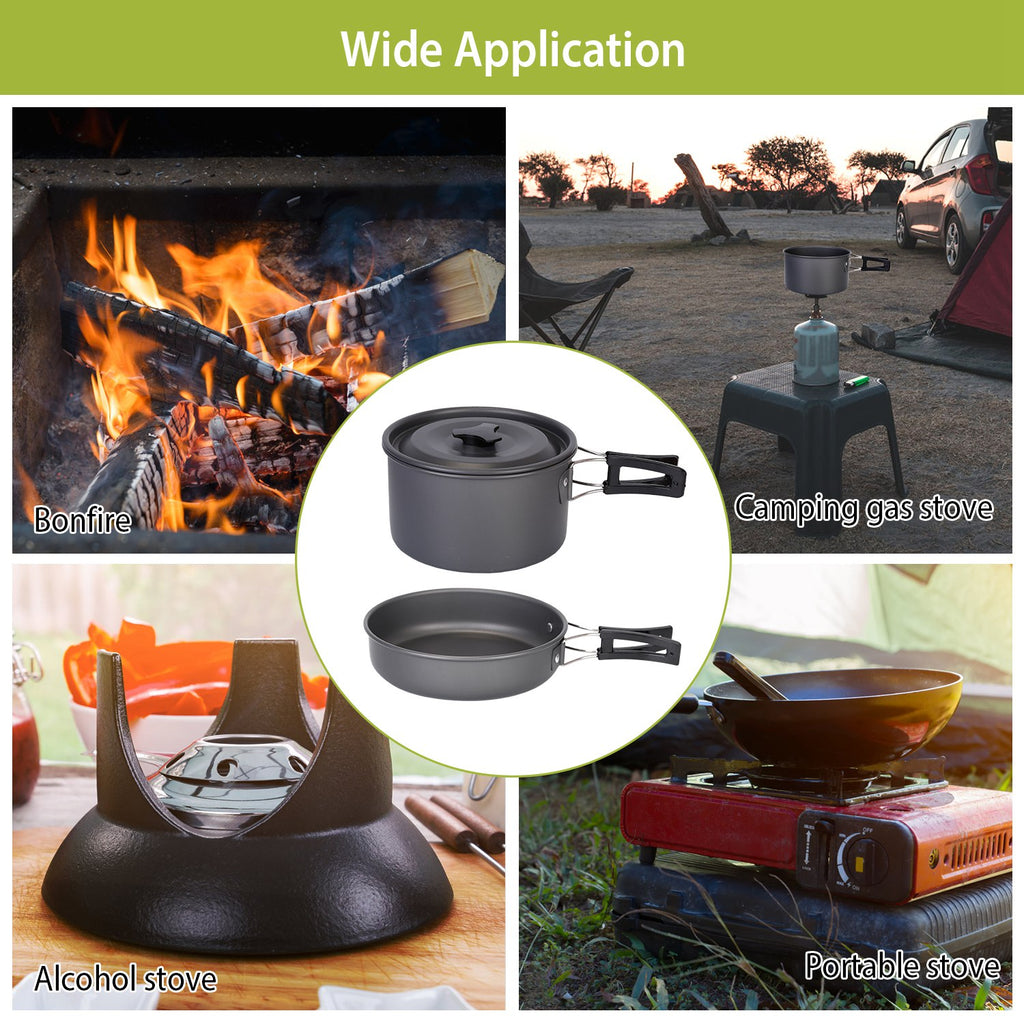 Collage of different cooking stoves including bonfire, camping gas stove, alcohol stove, and portable stove.