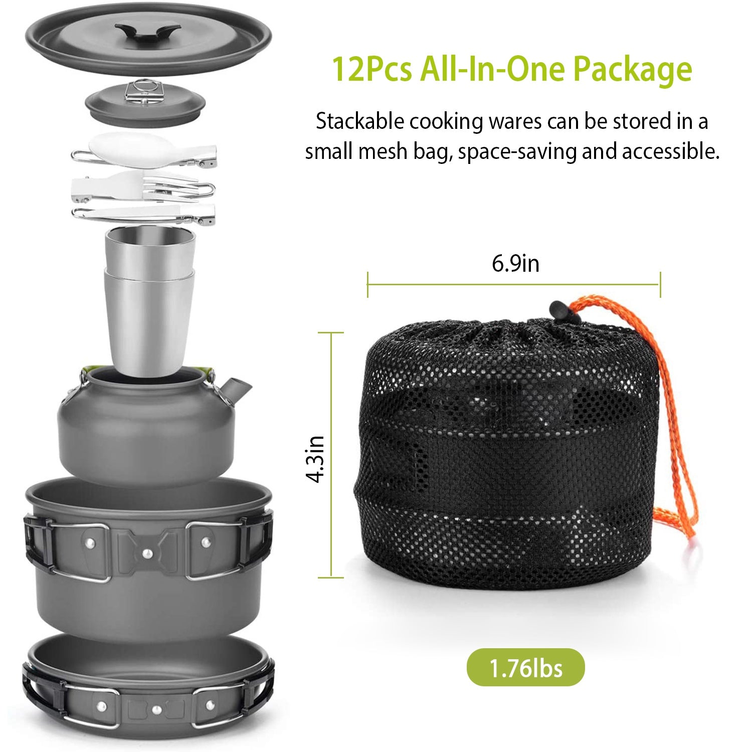 Stackable cooking wares with a mesh storage bag, showing dimensions and weight.