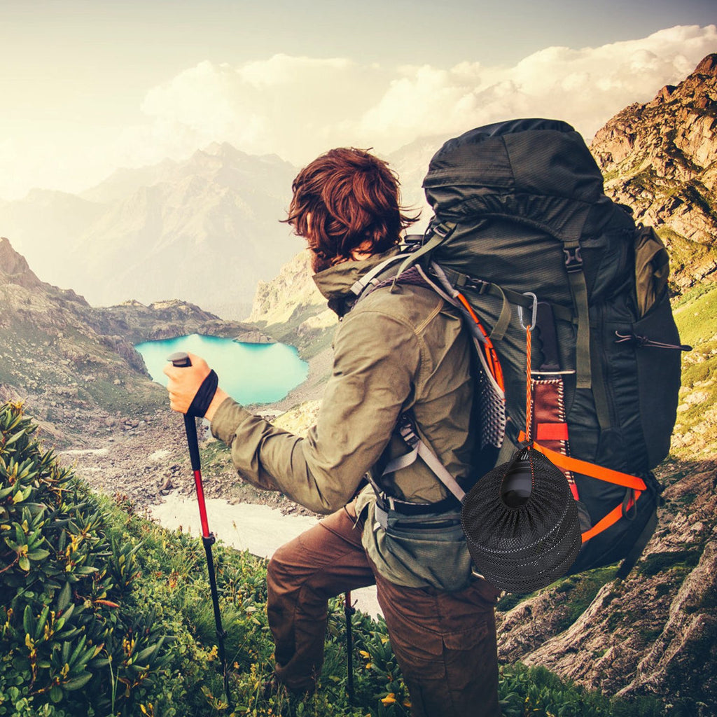 Hiker with a large backpack and trekking poles overlooking a scenic mountain landscape with a lake.
