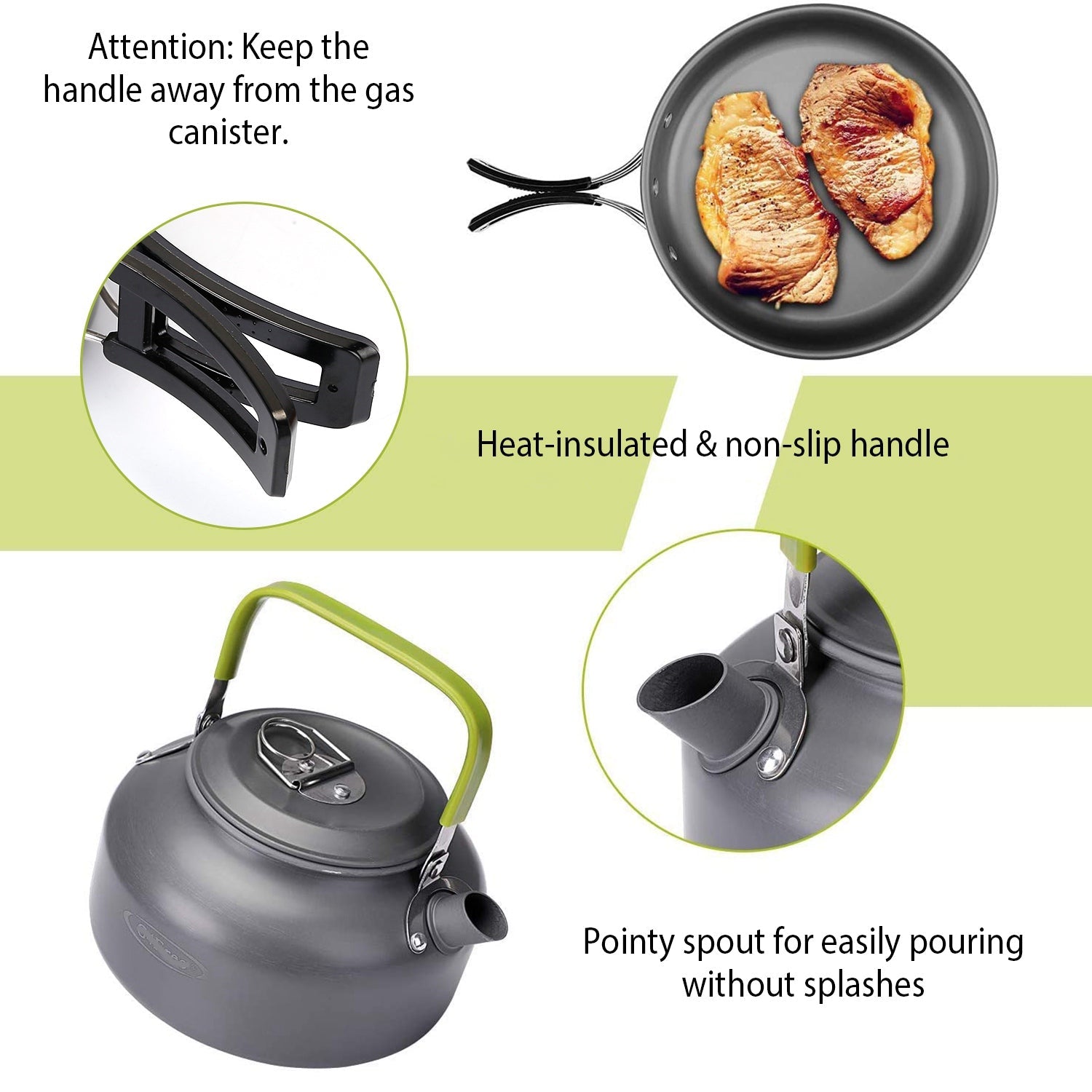 Cooking set with pan, kettle, and handle details on a white background